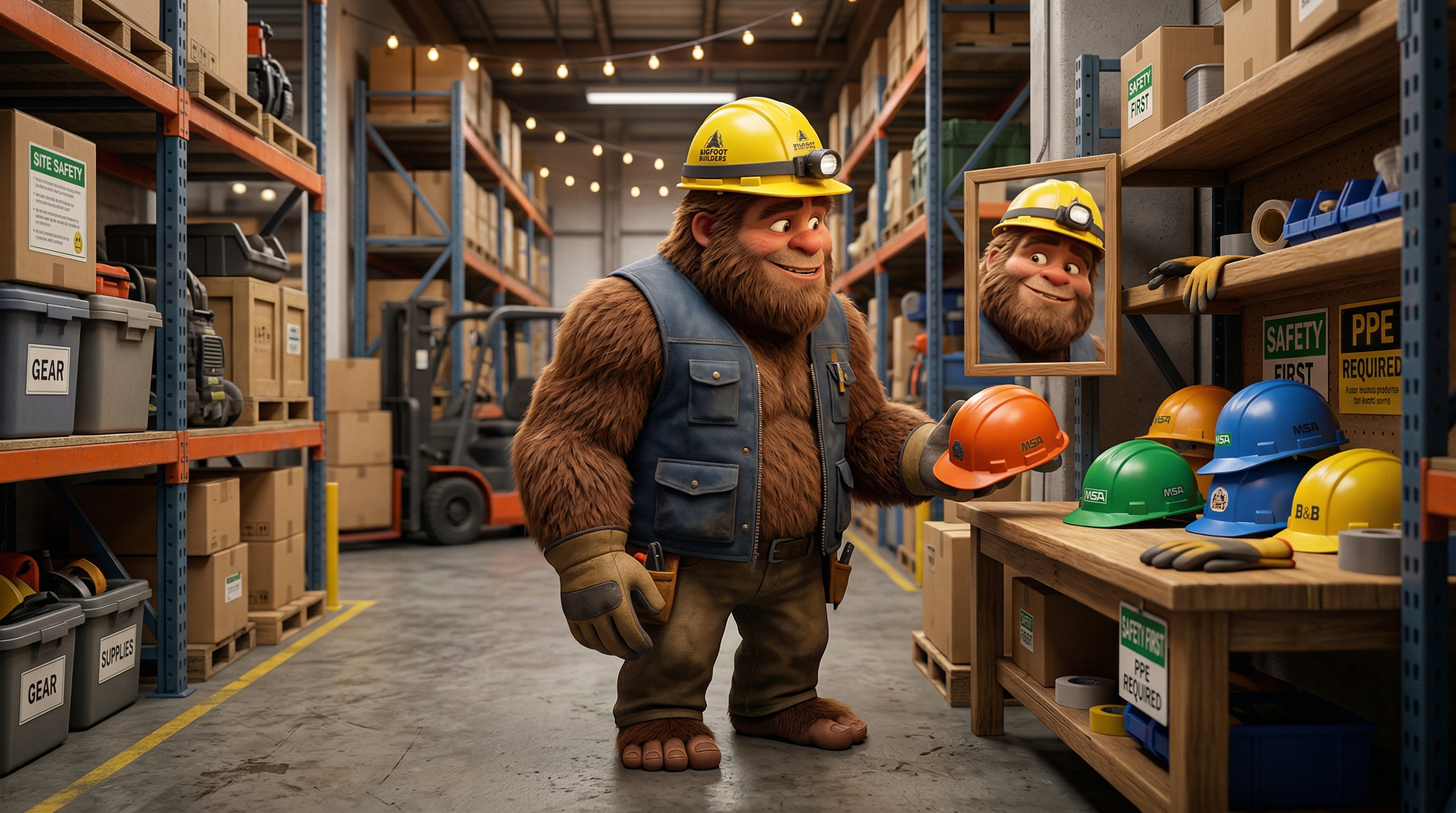 3D Sasquatch trying on hard hats